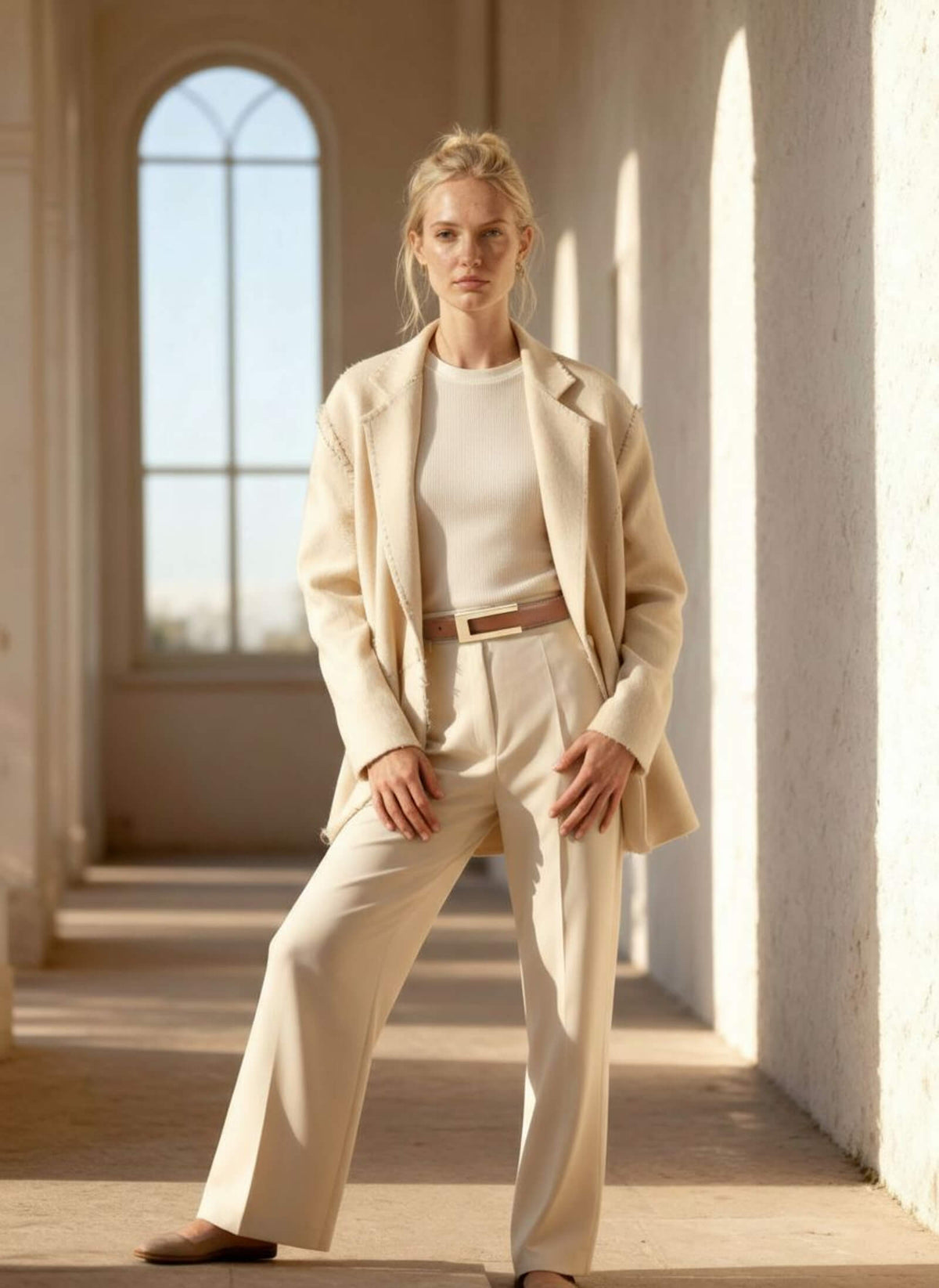Woman striding through an arched corridor in a cream blazer and trousers, the cognac rule belt at her waist.