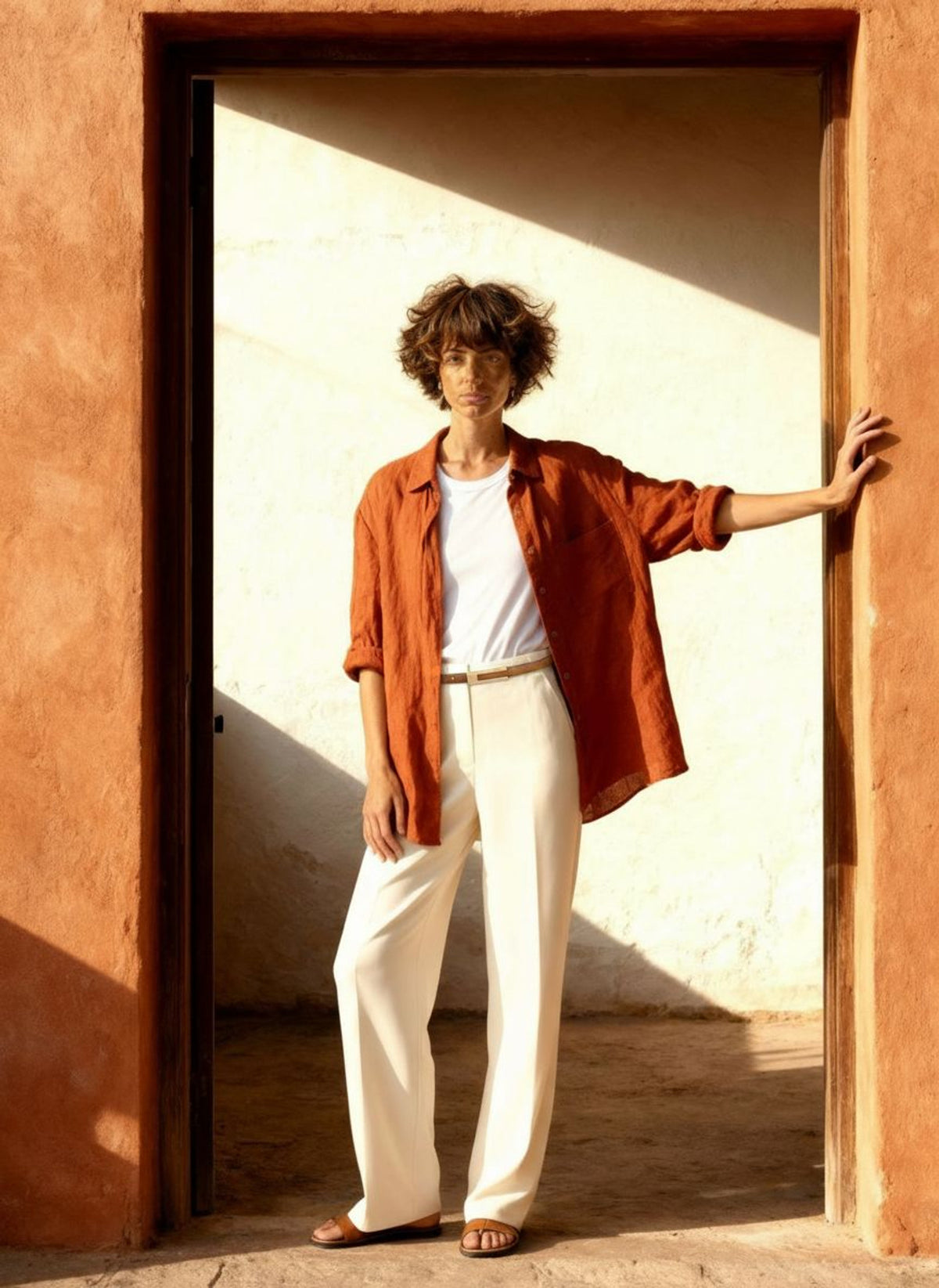 Woman standing in a sunlit terracotta doorway in a rust linen shirt over cream trousers, the tan tab belt at her waist.