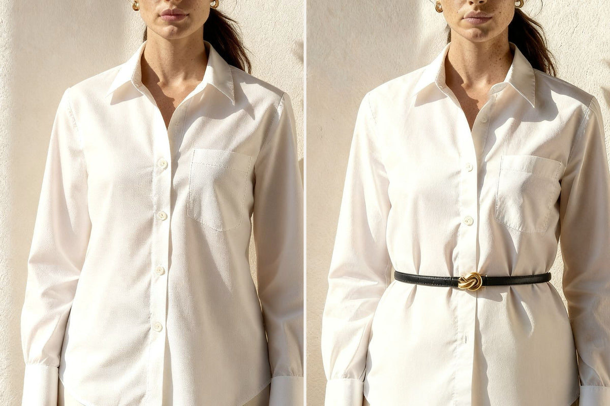 the same white shirt photographed twice, once loose and once belted at the waist