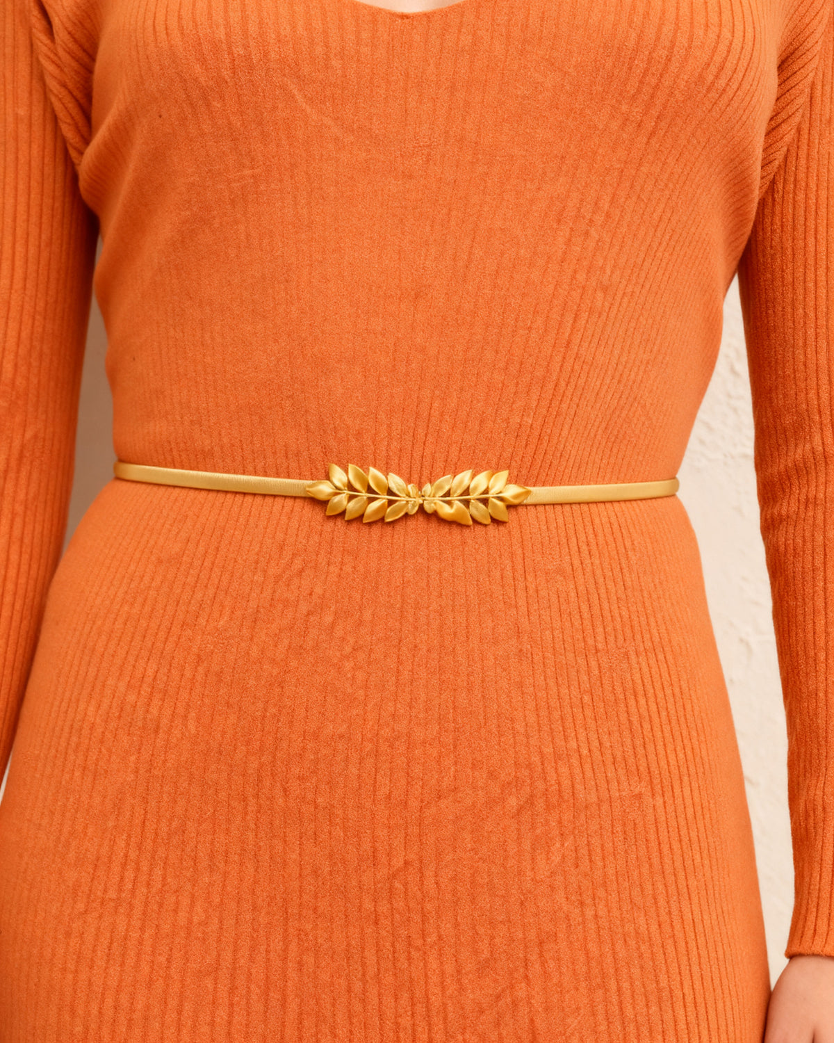 the leaf: the thin gold metal waist band with its laurel leaves over a rust ribbed dress
