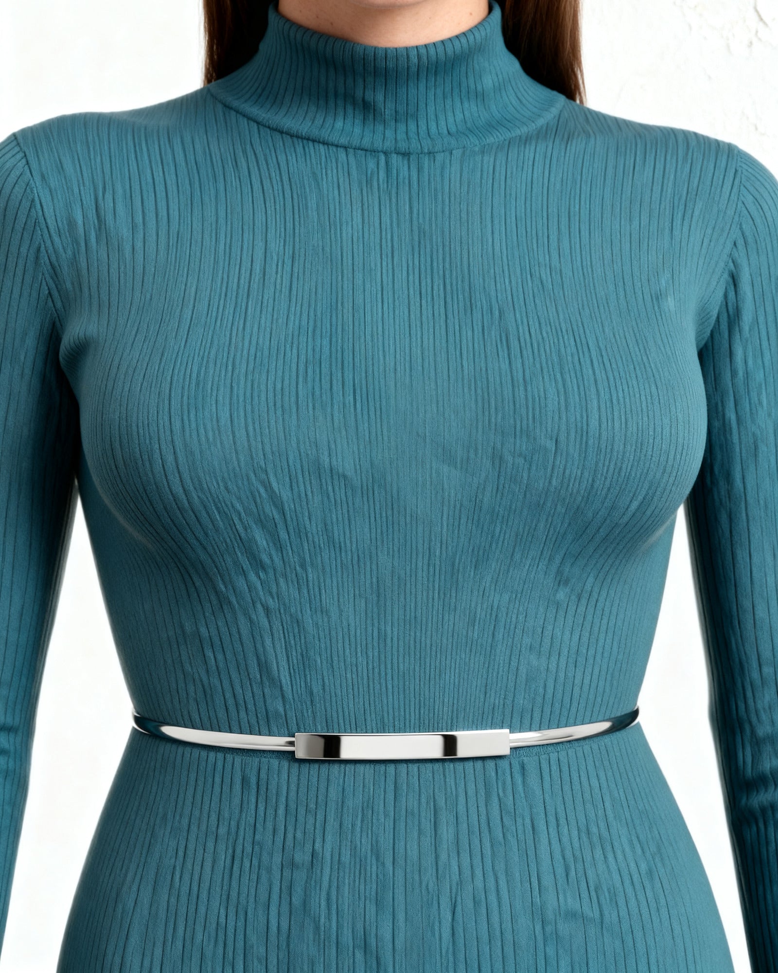 the plate — the thin silver metal waist band on a black dress at the waist