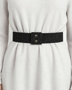 the snap: the wide black glitter waist band at the waist of a pale grey dress